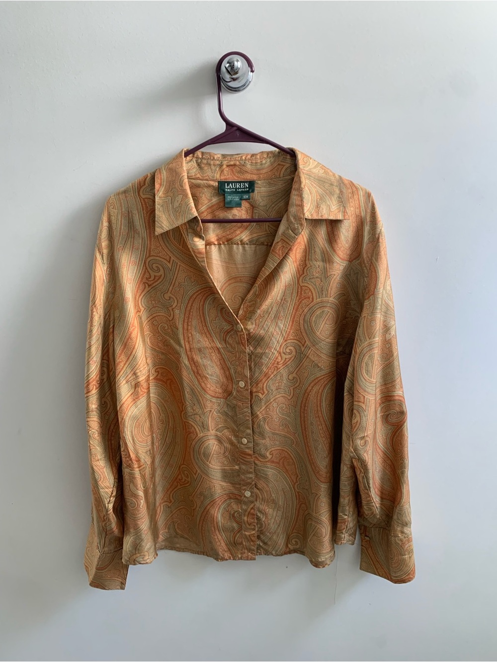Vintage Lauren Ralph Lauren 100% Silk Paisley Button Down Blouse - Size 16W
